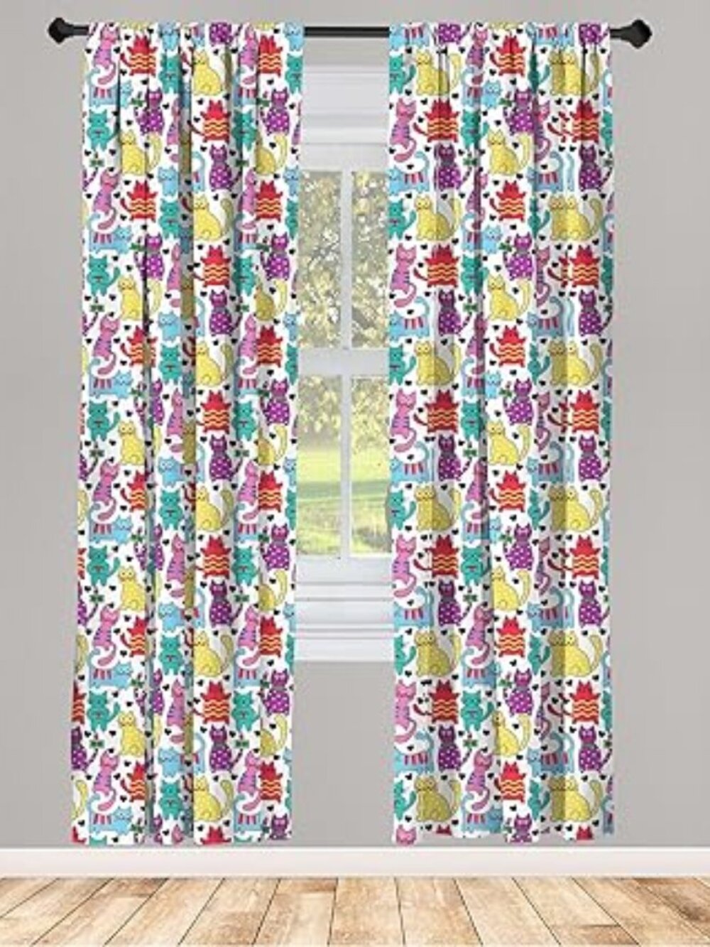 Ambesonne Cat Window Curtains, Cartoon Style Lively Colored Friendly Cheerful